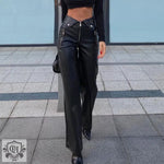 Fall Women High Waist Straight Loose Wide Leg Casual Pants Leather Pants - QH Clothing