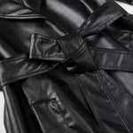 Faux Leather Black Tie Trench Coat - QH Clothing