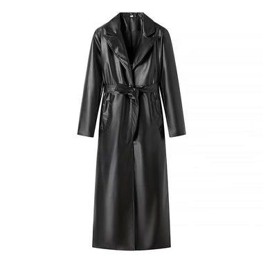 Faux Leather Black Tie Trench Coat - QH Clothing