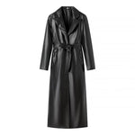 Faux Leather Black Tie Trench Coat - QH Clothing