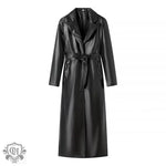 Faux Leather Black Tie Trench Coat - QH Clothing