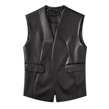 Faux Leather Sleeveless Vest - Clothing