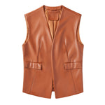 Faux Leather Sleeveless Vest - S / camel - Clothing