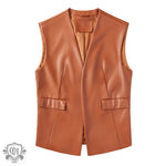 Faux Leather Sleeveless Vest - S / camel - Clothing