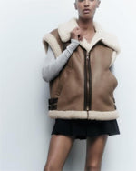 Faux Shearling Collared Zip Vest - Clothing