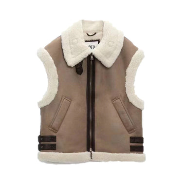 Faux Shearling Collared Zip Vest - Clothing