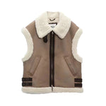 Faux Shearling Collared Zip Vest - S / Brown - Clothing