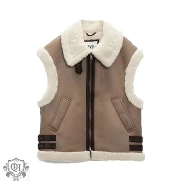 Faux Shearling Collared Zip Vest - Clothing