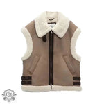 Faux Shearling Collared Zip Vest - S / Brown - Clothing