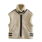 Faux Shearling Collared Zip Vest - S / Light Apricot - Clothing