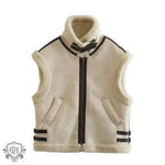 Faux Shearling Collared Zip Vest - S / Light Apricot - Clothing