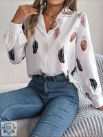 Autumn Winter Elegant Feather Printed Suit Collar Long Sleeve Shirt Women Clothing - Quality Home Clothing| Beauty