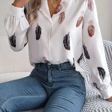 Autumn Winter Elegant Feather Printed Suit Collar Long Sleeve Shirt Women Clothing - Quality Home Clothing| Beauty