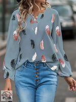 Women Clothing Spring Summer V neck Feather Print Long Sleeve Loose T shirt Women Top - Quality Home Clothing| Beauty