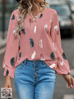 Women Clothing Spring Summer V neck Feather Print Long Sleeve Loose T shirt Women Top - Quality Home Clothing| Beauty