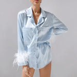 Fall Christmas Artificial Silk Blue Feather Detachable Long Sleeve Shorts Pajamas Women French Homewear - Quality Home Clothing| Beauty