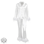 White satin Feather Silk Pajama Set featuring elegant feather trim for luxurious comfort