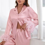 Summer Thin Satin Ice Silk Pajamas Suit for Women Solid Color Feather Can Be Outerwear Homewear - Quality Home Clothing| Beauty