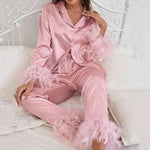 Summer Thin Satin Ice Silk Pajamas Suit for Women Solid Color Feather Can Be Outerwear Homewear - Quality Home Clothing| Beauty