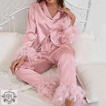 Elegant Pink Satin Feather Silk Pajama Set with Luxurious Feather Trim