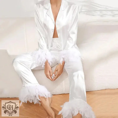 White satin Feather Silk Pajama Set featuring elegant feather trim for luxurious comfort