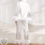 White satin Feather Silk Pajama Set featuring elegant feather trim for luxury comfort