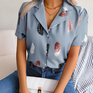 Summer Elegant Collar Feather Loose Short Sleeve Shirt Women Clothing - Quality Home Clothing| Beauty