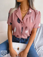 Summer Elegant Collar Feather Loose Short Sleeve Shirt Women Clothing - Quality Home Clothing| Beauty