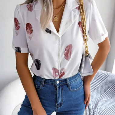 Summer Elegant Collar Feather Loose Short Sleeve Shirt Women Clothing - Quality Home Clothing| Beauty