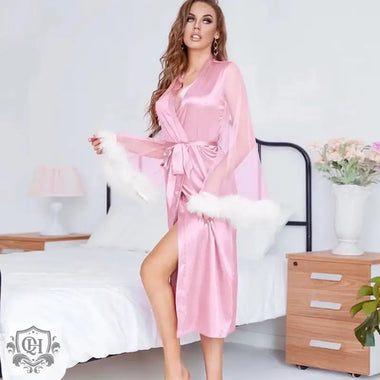 Spring Summer Feather Sexy Ice Silk Robe Women Cardigan Lace-up Mesh Moisture-Wicking Clothing Home Wear Women - Quality Home Clothing| Beauty