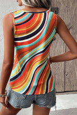 Multicolour Wavy Striped Buttoned V Neck Tank Top