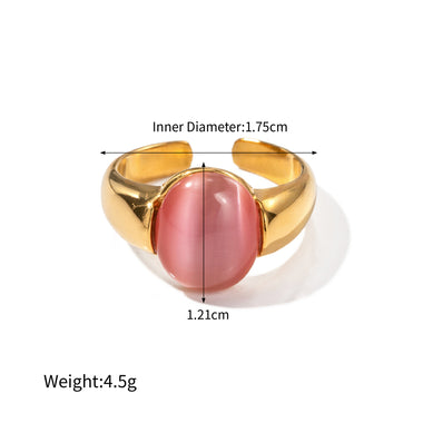 18K gold noble oval inlaid pink cat's eye design ring - QH Clothing