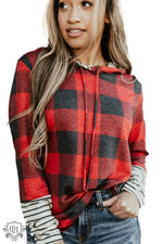 Fiery Red Christmas Plaid Striped Patchwork Drawstring Hoodie - Tops/Sweatshirts & Hoodies