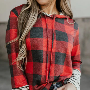 Fiery Red Christmas Plaid Striped Patchwork Drawstring Hoodie - Tops/Sweatshirts & Hoodies