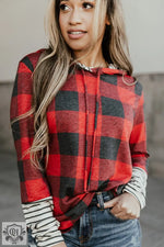 Fiery Red Christmas Plaid Striped Patchwork Drawstring Hoodie - Tops/Sweatshirts & Hoodies