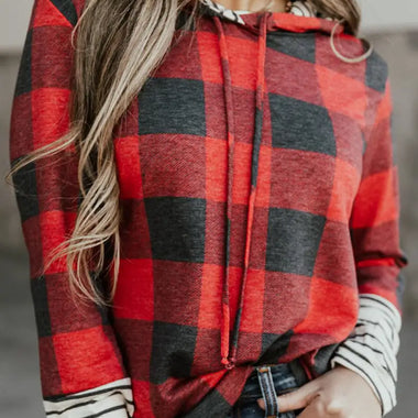 Fiery Red Christmas Plaid Striped Patchwork Drawstring Hoodie - Red / S / 100% Polyester - Tops/Sweatshirts & Hoodies