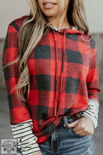 Fiery Red Christmas Plaid Striped Patchwork Drawstring Hoodie - Red / S / 100% Polyester - Tops/Sweatshirts & Hoodies