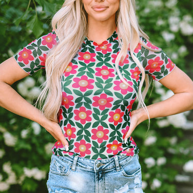 Fiery Red Retro Floral Print Crew Neck T Shirt with distressed denim shorts for a relaxed look