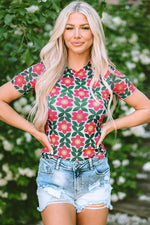 Fiery Red Retro Floral Print Crew Neck T Shirt with distressed denim shorts for a relaxed look