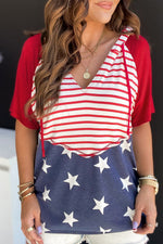 Patriotic t-shirt with red stripes and white stars on navy, ideal for relaxed sizes bust hem