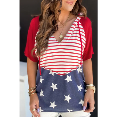 Patriotic t-shirt with red stripes and white stars on navy, ideal for relaxed sizes bust hem