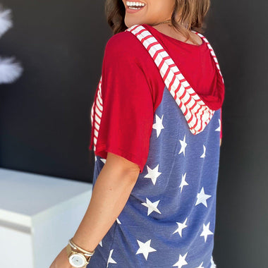 Patriotic baseball t-shirt in red, white, and blue with stars and stitching design