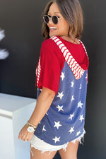 Patriotic baseball t-shirt in red, white, and blue with stars and stitching design