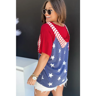 Patriotic baseball t-shirt in red, white, and blue with stars and stitching design