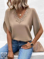 Women Clothing Summer Solid Color Lace V neck Flared Sleeves Loose Shirt Women Top - Quality Home Clothing| Beauty