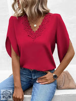 Women Clothing Summer Solid Color Lace V neck Flared Sleeves Loose Shirt Women Top - Quality Home Clothing| Beauty