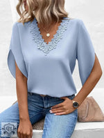 Women Clothing Summer Solid Color Lace V neck Flared Sleeves Loose Shirt Women Top - Quality Home Clothing| Beauty