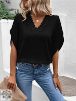 Women Clothing Summer Solid Color Lace V neck Flared Sleeves Loose Shirt Women Top - Quality Home Clothing| Beauty