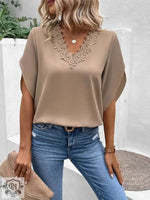 Women Clothing Summer Solid Color Lace V neck Flared Sleeves Loose Shirt Women Top - Quality Home Clothing| Beauty