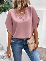 Women Clothing Summer Solid Color Lace V neck Flared Sleeves Loose Shirt Women Top - Quality Home Clothing| Beauty